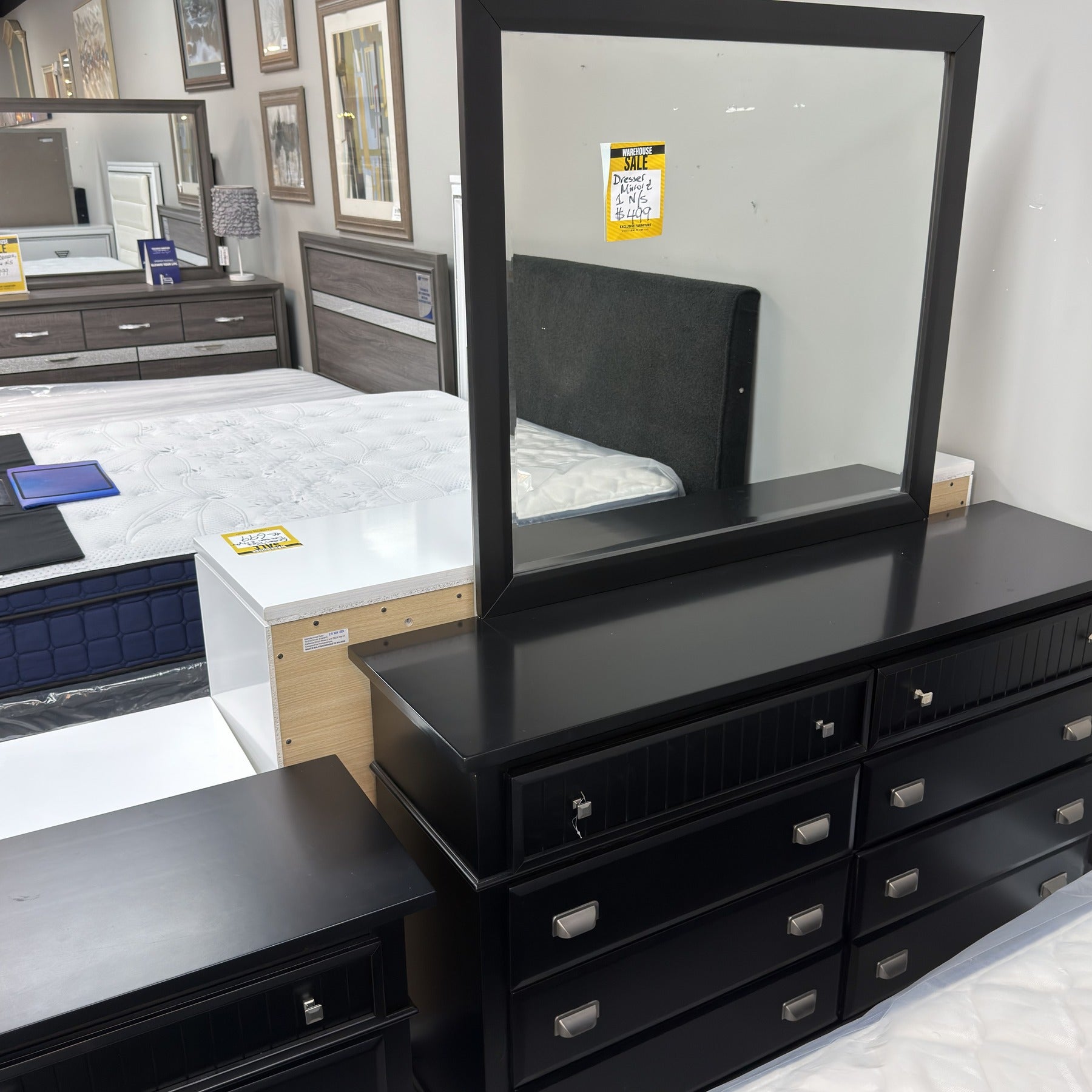 Gilded Dresser Mirror & 1 Nightstand